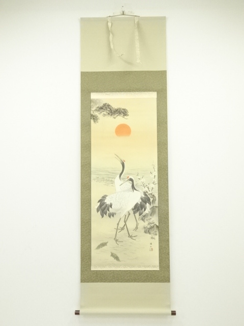 JAPANESE HANGING SCROLL / HAND PAINTED / CRANE & TURTLE